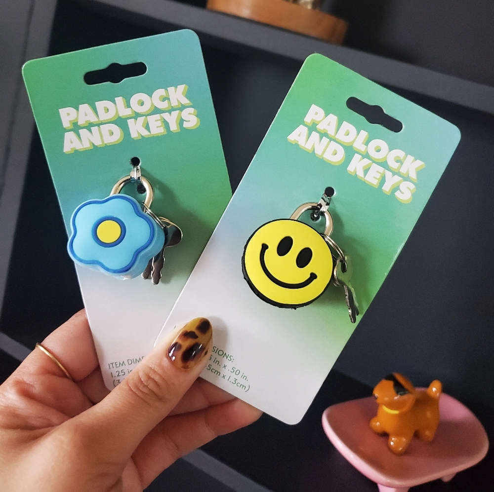 Blue Flower and Yellow Smiley Padlock Keychains